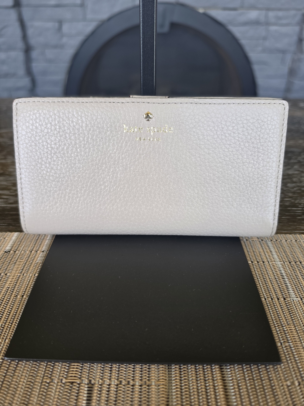 kate spade Greige Pebbled Leather Continental Wallet with Gold Logo